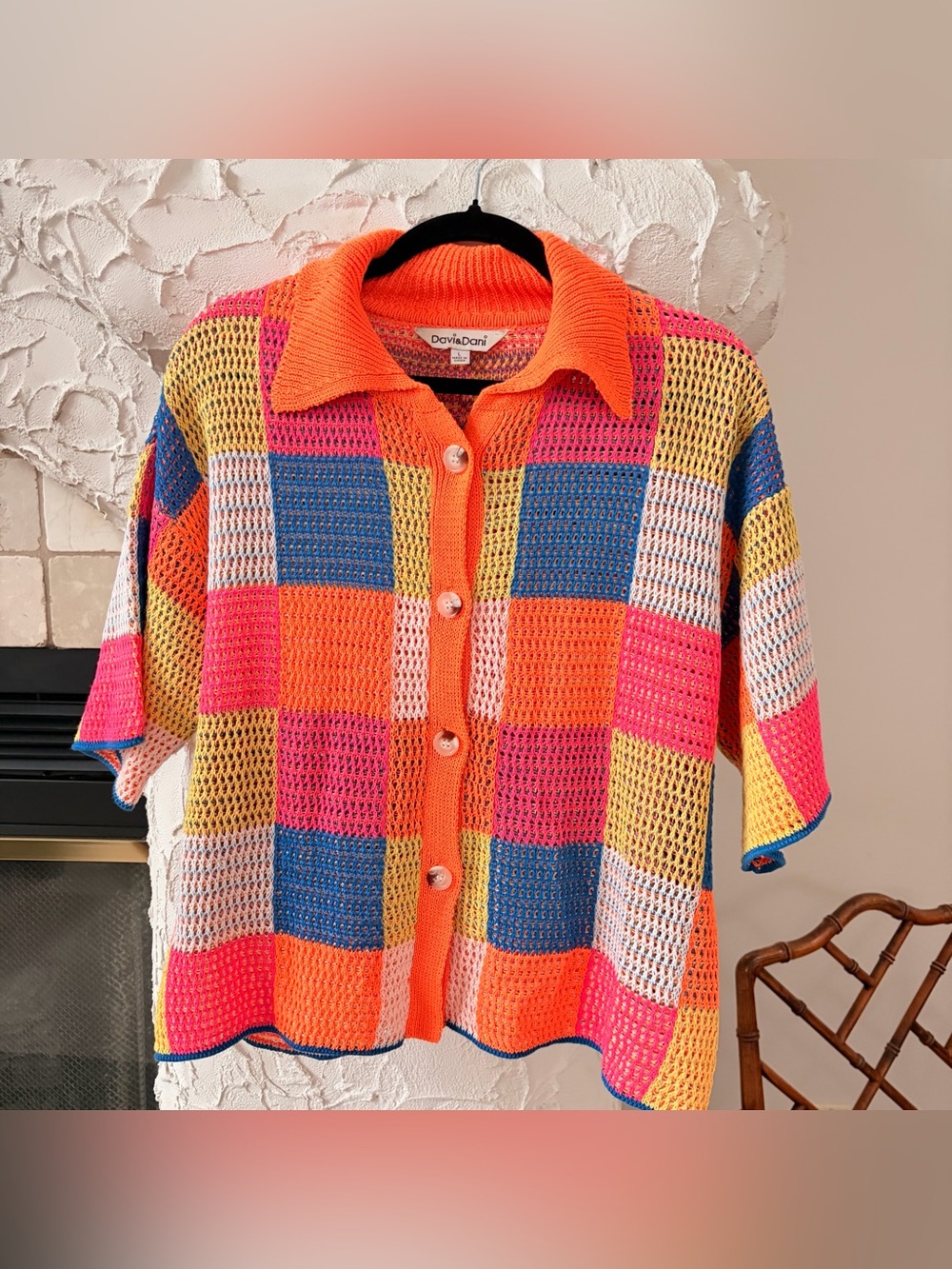 DAVI & DANI Multicolor Crochet Button-Down Shirt - Orange, Pink, Blue, Yellow
L